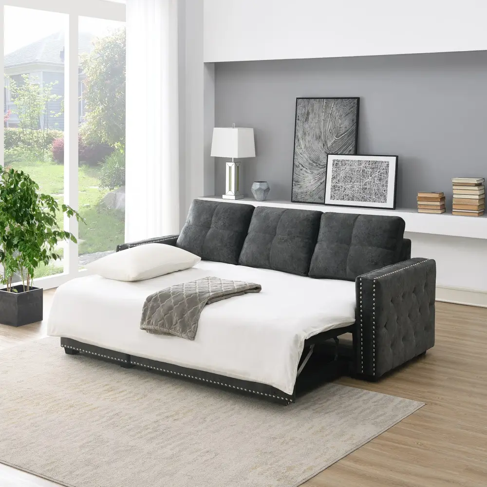 Velvet Sectional Sofa Bed with Storage and Pull Out Bed in Black
