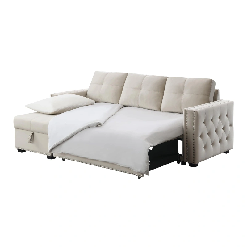 Velvet Reversible Sleeper Sectional Sofa Bed with Storage in Beige