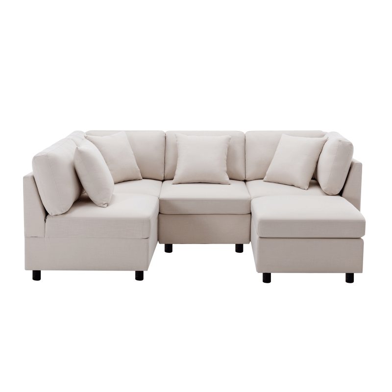 L-Shaped Sectional Sofa Modular Sofa Couch with Ottoman, Modern Beige Linen 4 Seater Sectional Convertible U Shaped Sofa for Living Room, Apartment, Easy Assembly