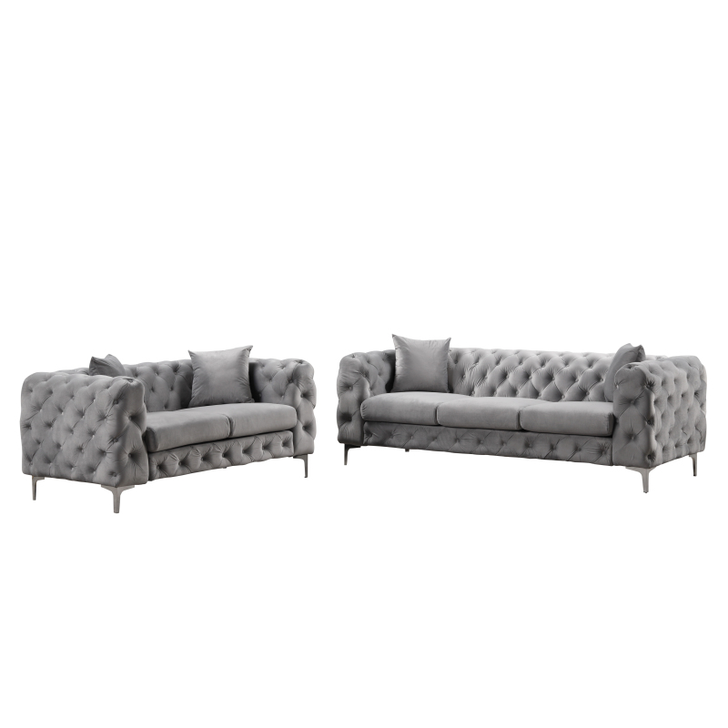 Contemporary Sofa  with Deep Button Tufting Dutch Velvet 2 Pieces- Silver Grey