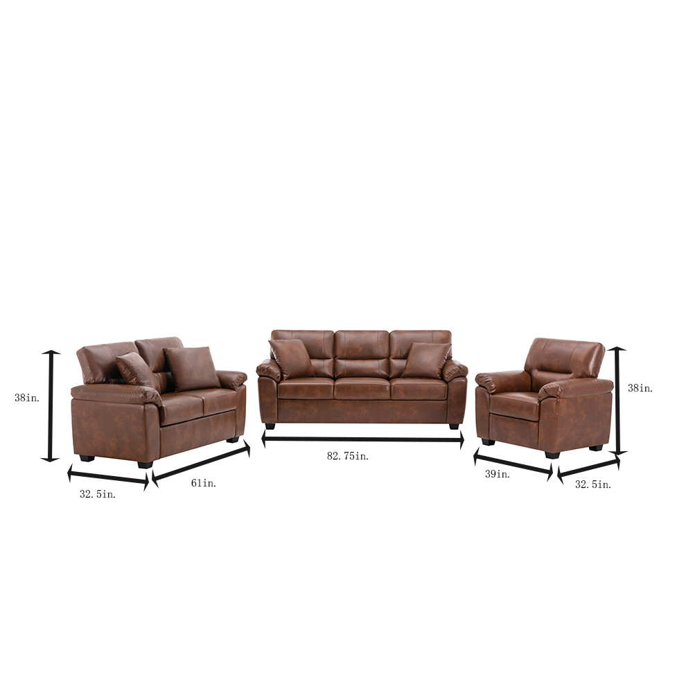 Sofa Collection 3 Pieces  Flared Arm PU Leather Mid-Century Modern Upholstered Sofa in Brown
