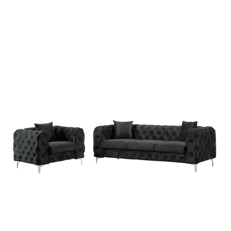 Contemporary Sofas Set with Button Tufting Dutch Velvet Black