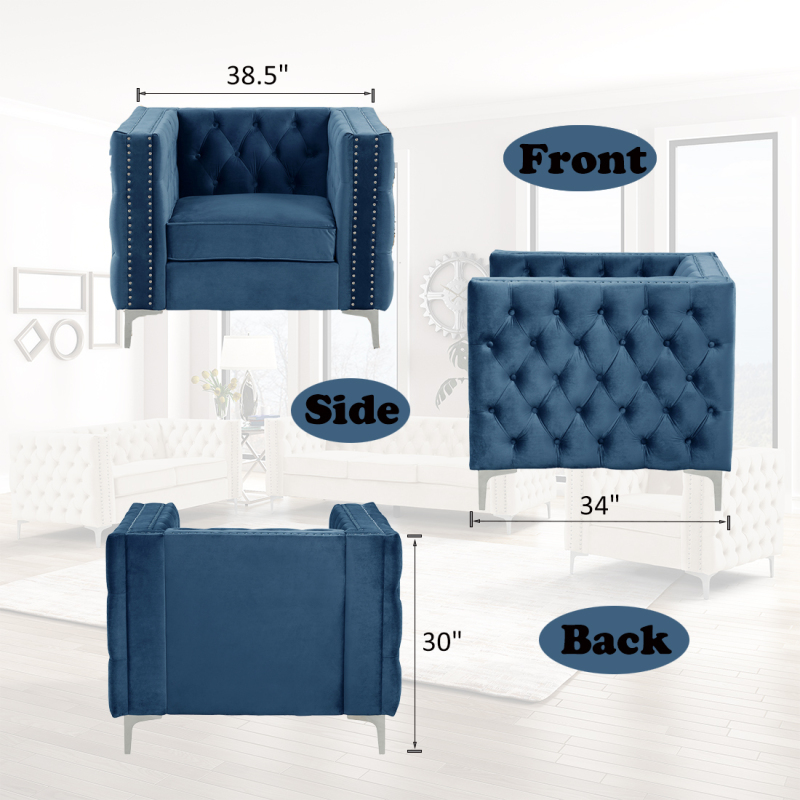 Couches for Living Room 3 Pieces Velvet - Blue