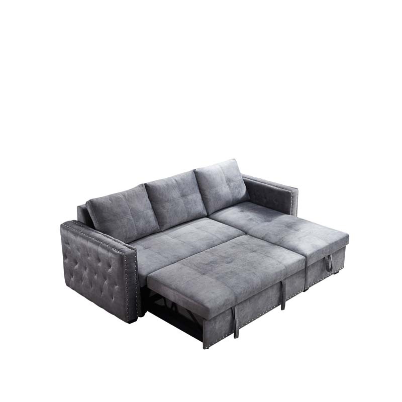 Velvet Sectional Sofa Bed with Storage and Pull Out Bed in Gray