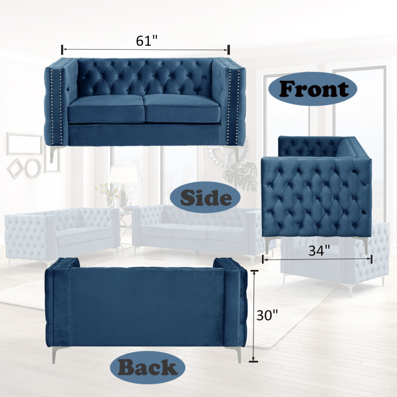 Couches for Living Room 3 Pieces Velvet - Blue