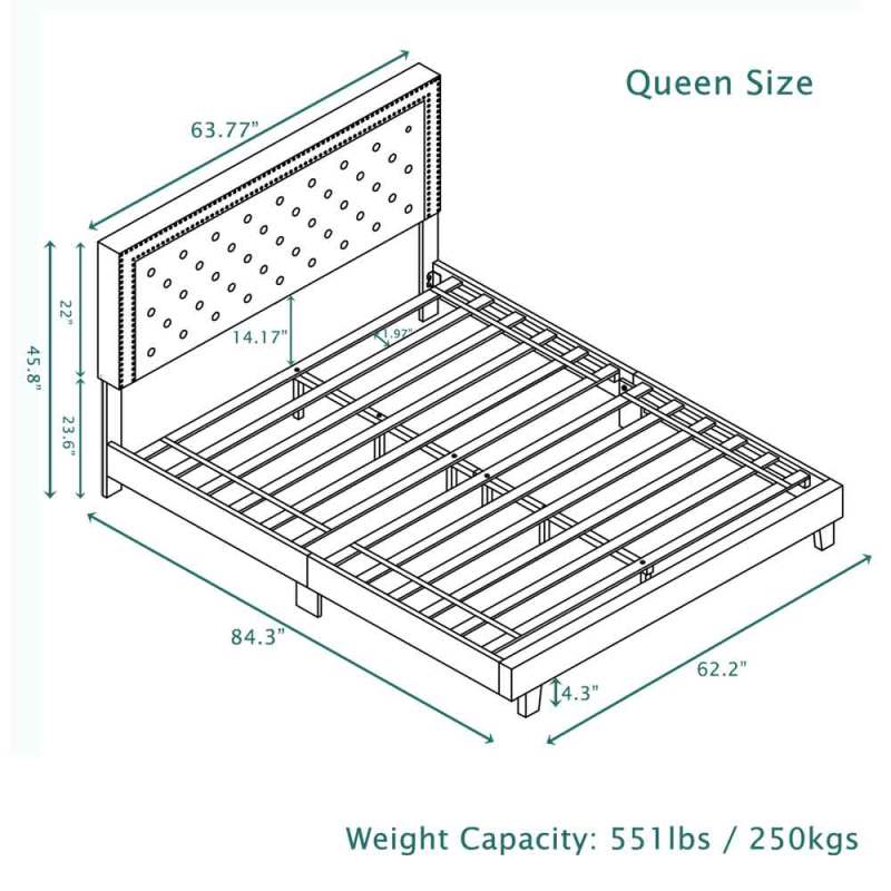 Bed Frame, Velvet Tufted Upholstered Modern Platform Bed with Headboard, Wooden Slats, No Box Spring Needed