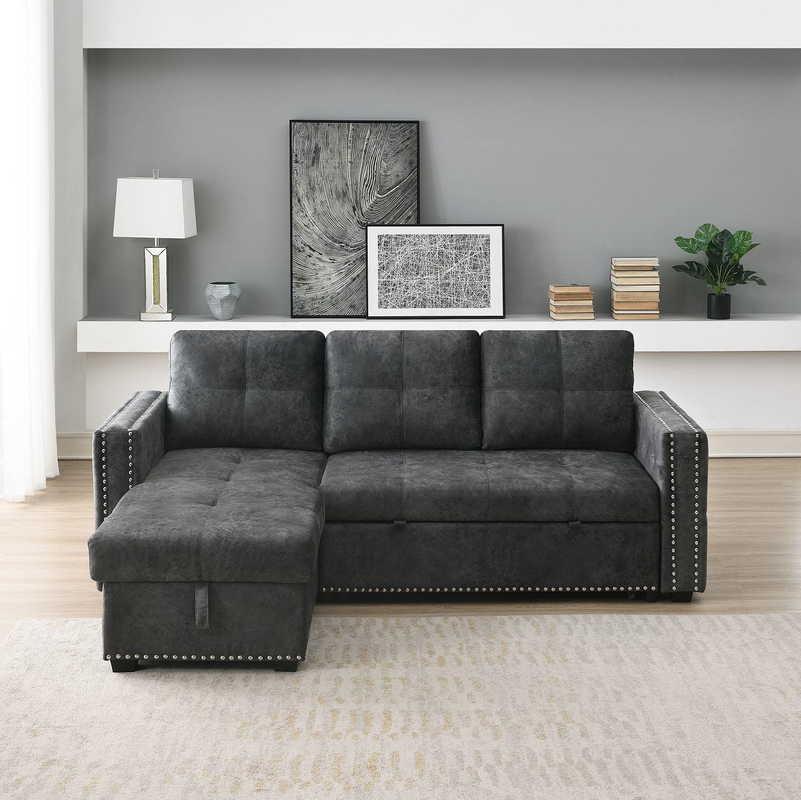 Velvet Reversible Sleeper Sectional Sofa with Storage in Black