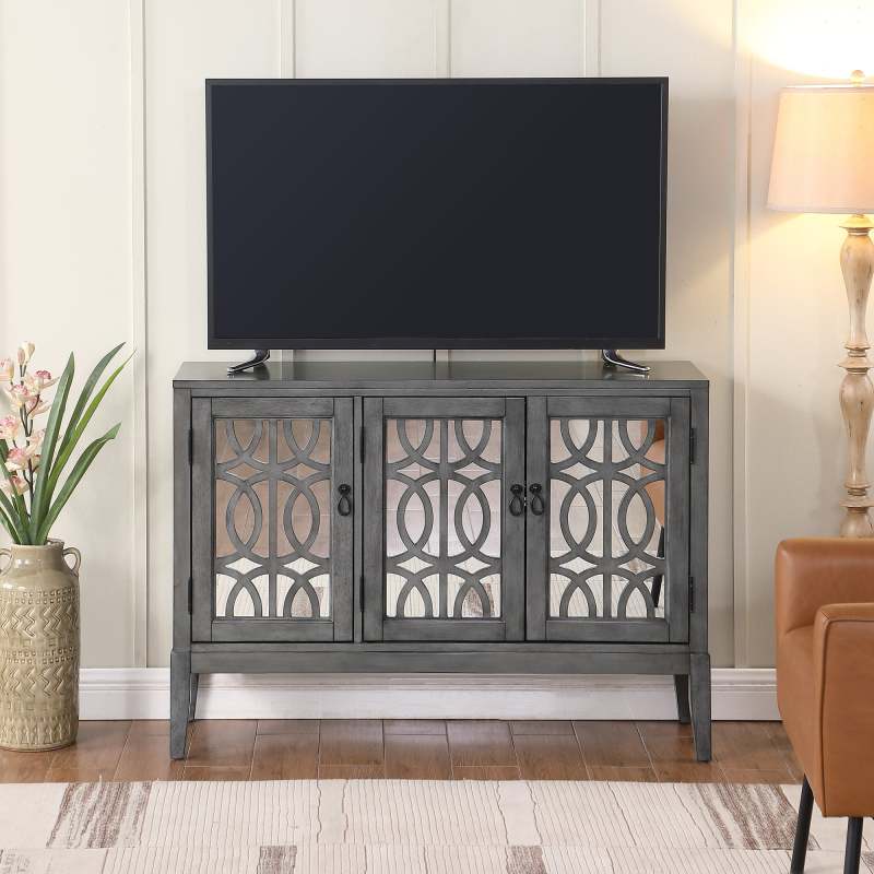 Accent Chest and Cabinet Sideboard with Framed Mirror Doors, 2 Adjustable Shelves Entryway Serving Wine Storage in Gray