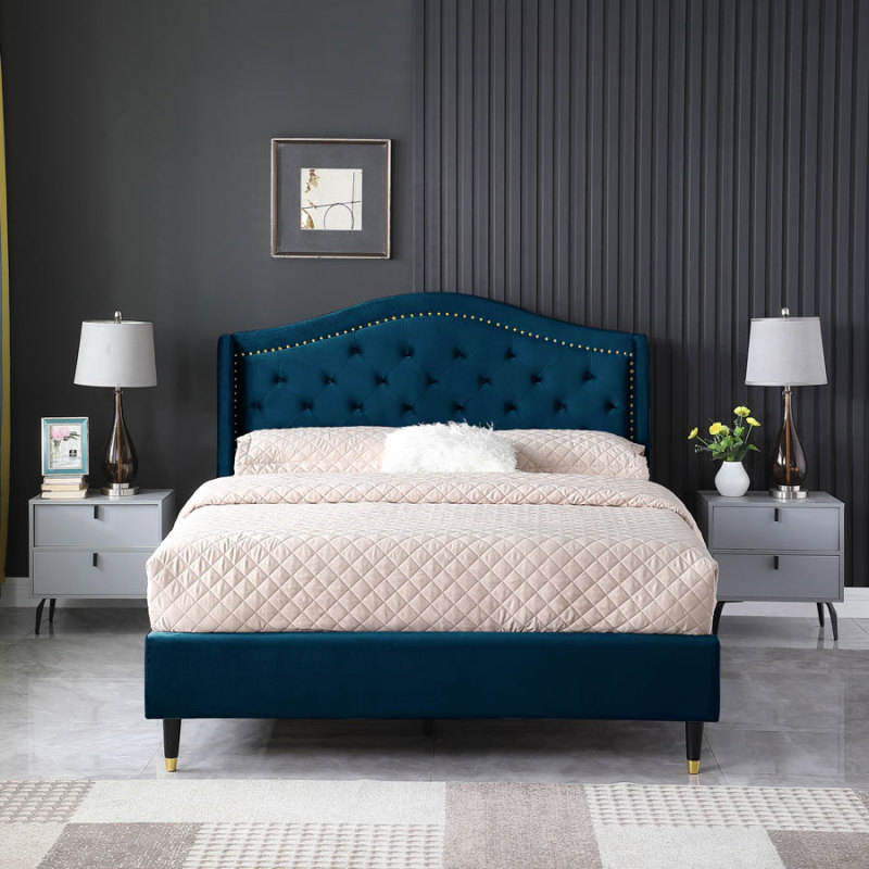Queen/California King/ King size Velvet Bed Frame Upholstered Platform Bed-Blue