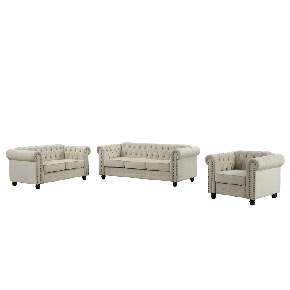 3 Pieces Chesterfield Furniture Sets - Fabric, Beige
