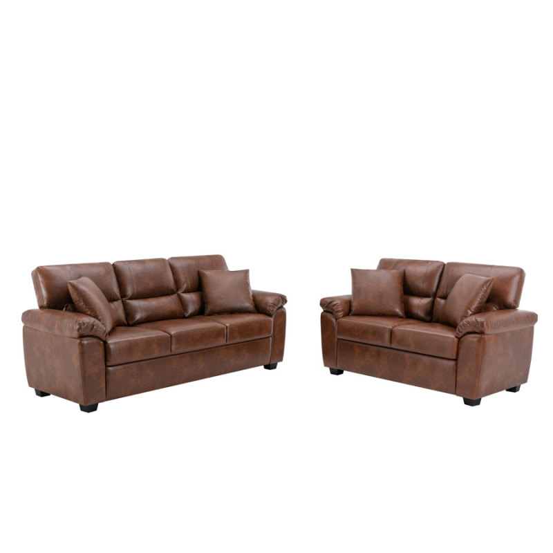 Sofa Collection 2 Pieces  Flared Arm PU Leather Mid-Century Modern Upholstered Sofa in Brown