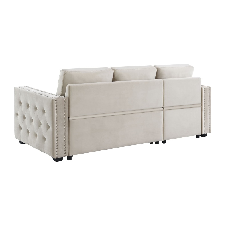 Velvet Reversible Sleeper Sectional Sofa Bed with Storage in Beige