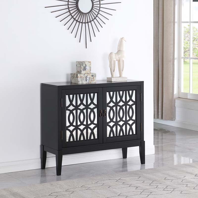 Sideboard Buffets Kitchen Storage Cabinet with Framed Mirror Doors, 3 Door Adjustable Shelves Accent Display Storage Distressed Console Cabinet for Entryway Living Room (Black)