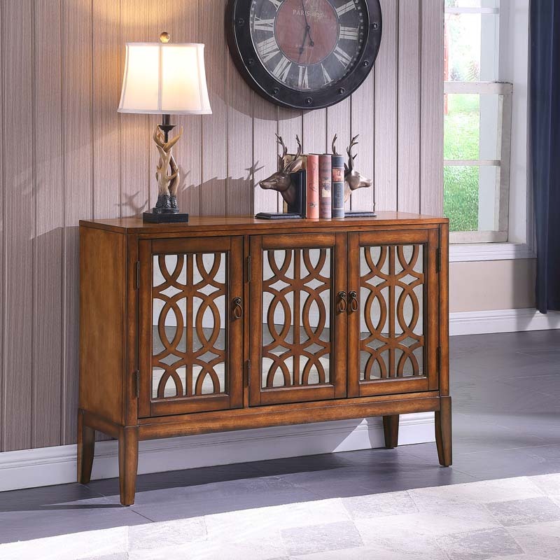 Accent Chest and Cabinet Sideboard with Framed Mirror Doors, 2 Adjustable Shelves Entryway Serving Wine Storage in Cherry