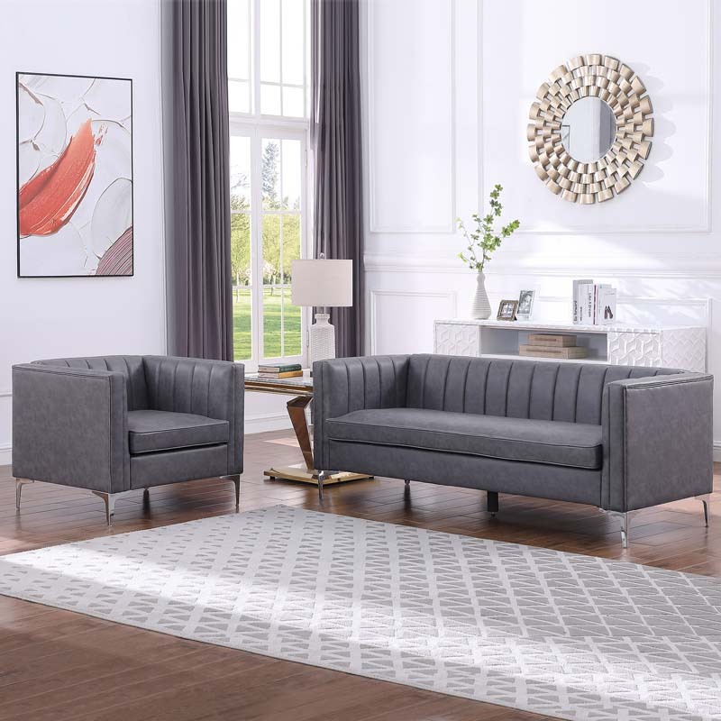 Living Room 3 Pieces Sofa Set Leather Sofa Set Channel Backrest Simplicism