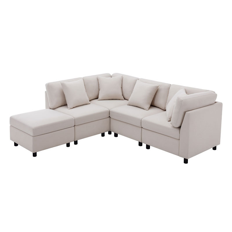 L-Shaped Sectional Sofa Modular Sofa Couch with Ottoman, Modern Beige Linen 4 Seater Sectional Convertible U Shaped Sofa for Living Room, Apartment, Easy Assembly