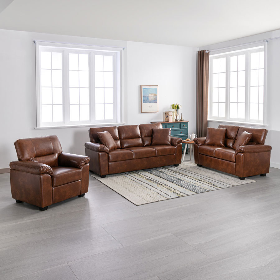 Sofa Collection 3 Pieces  Flared Arm PU Leather Mid-Century Modern Upholstered Sofa