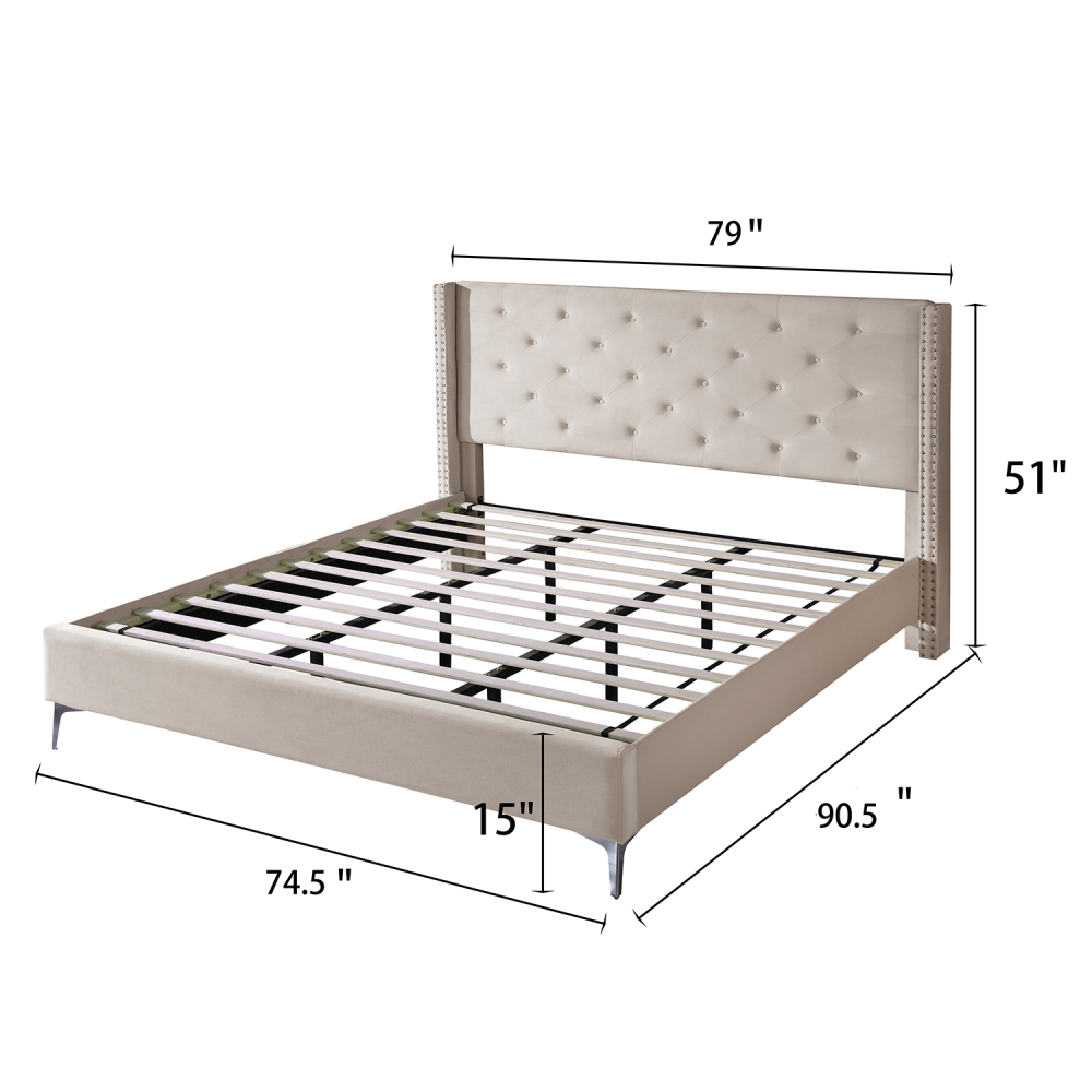 Bed Frame 15 Inch Wood Platform, Upholstered Platform Bed - Cream