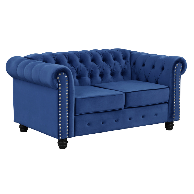 Contemporary Love Seat with Deep Button Tufting Dutch Velvet - Blue