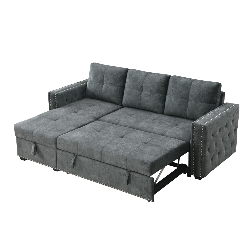 Velvet Reversible Sleeper Sectional Sofa with Storage in Black