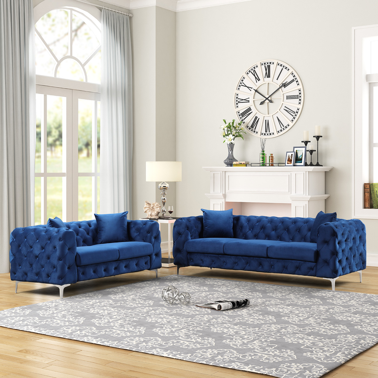 Contemporary Sofa with Deep Button Tufting Dutch Velvet - Navy Blue