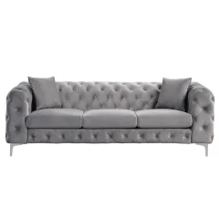 Contemporary Sofa Couch with Deep Button Tufting Dutch Velvet - Silver Grey