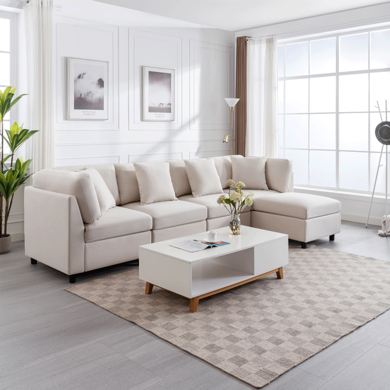 L-Shaped Sectional Sofa Modular Sofa Couch with Ottoman, Modern Beige Linen 4 Seater Sectional Convertible U Shaped Sofa for Living Room, Apartment, Easy Assembly