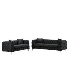 Contemporary Sofa  with Deep Button Tufting Dutch Velvet 2 Pieces Black