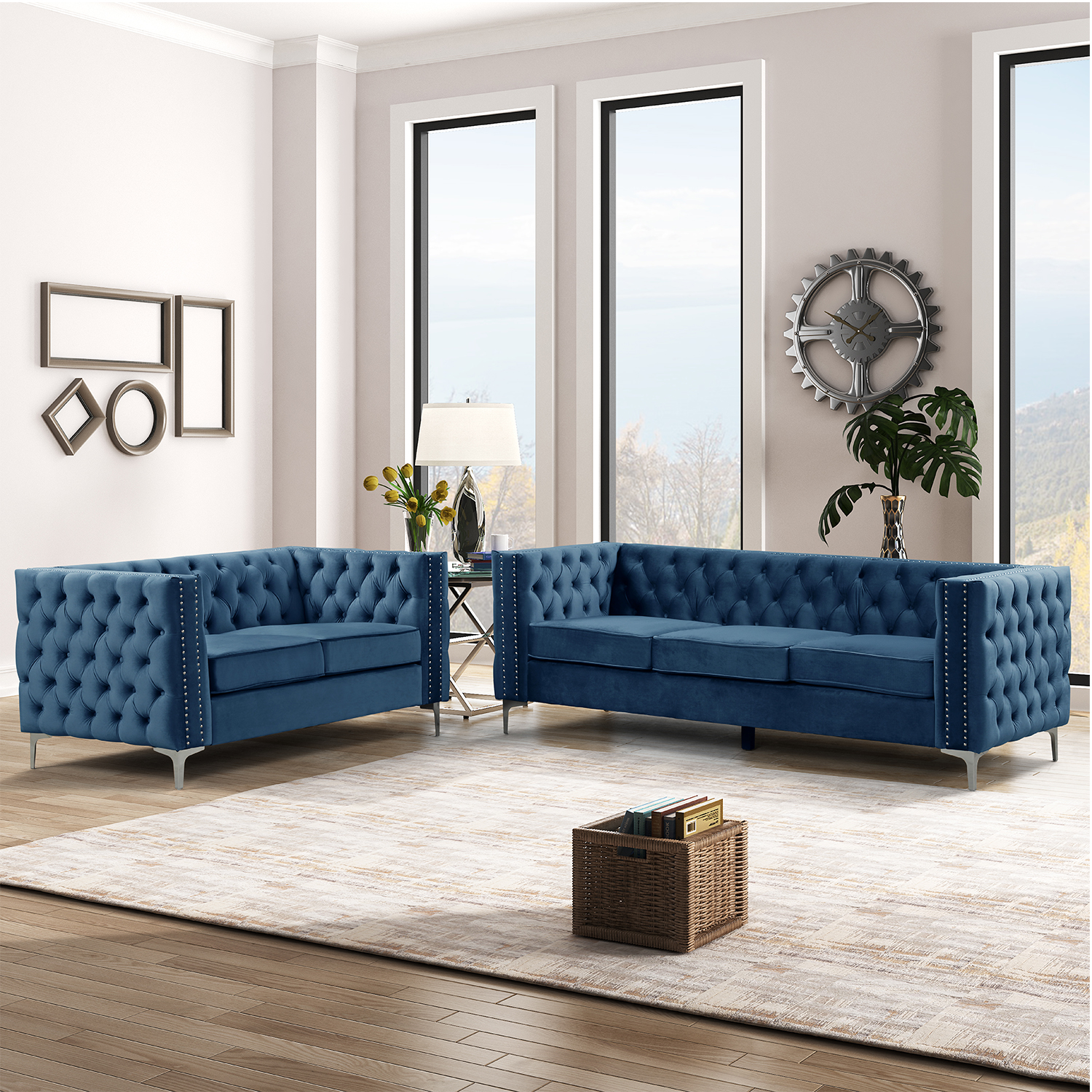 Couches for Living Room 2 Pieces Velvet - Blue,Sofa Sets