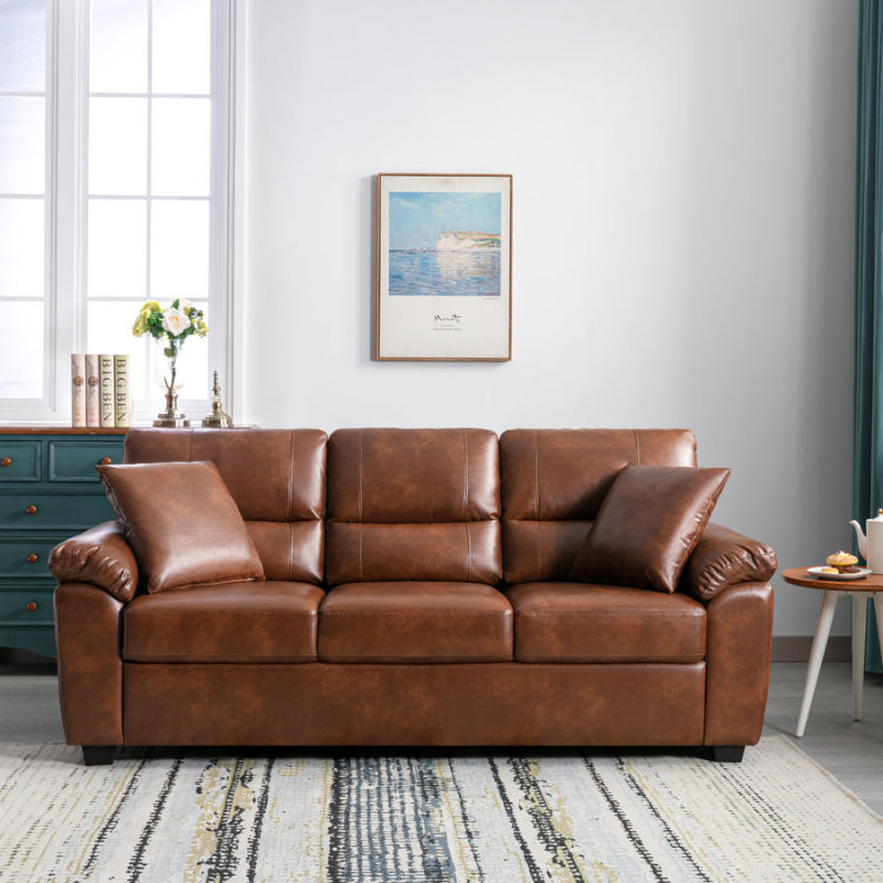 Sofa Collection 83 in Wide Flared Arm PU Leather Mid-Century Modern Upholstered Sofa in Brown