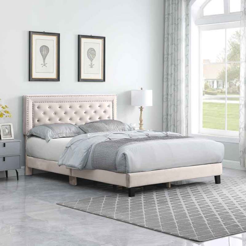 Bed Frame, Velvet Tufted Upholstered Modern Platform Bed with Headboard, Wooden Slats, No Box Spring Needed