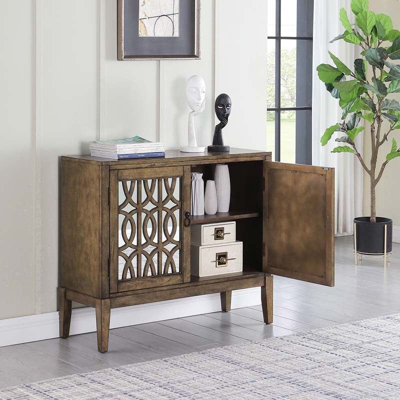 Accent Chest and Cabinet Sideboard with Framed Mirror Door and  Adjustable Shelves  Entryway Serving Wine Storage，34 Inch