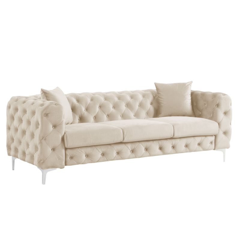 Contemporary Sofa Couch with Deep Button Tufting Dutch Velvet - Beige