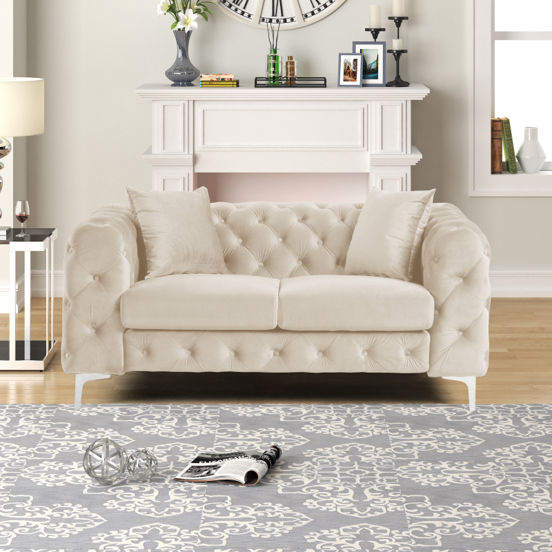 Contemporary Love Seat with Deep Button Tufting Dutch Velvet - Beige