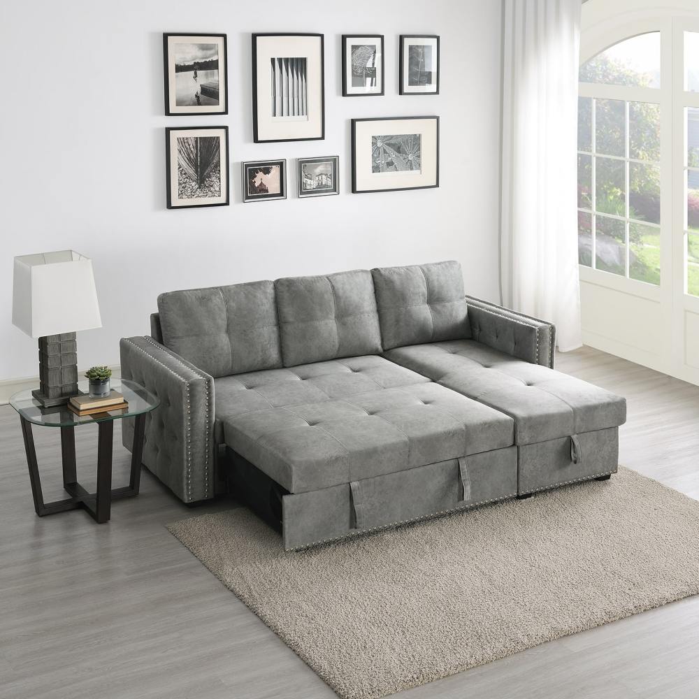 Velvet Reversible Sleeper Sectional Sofa with Storage