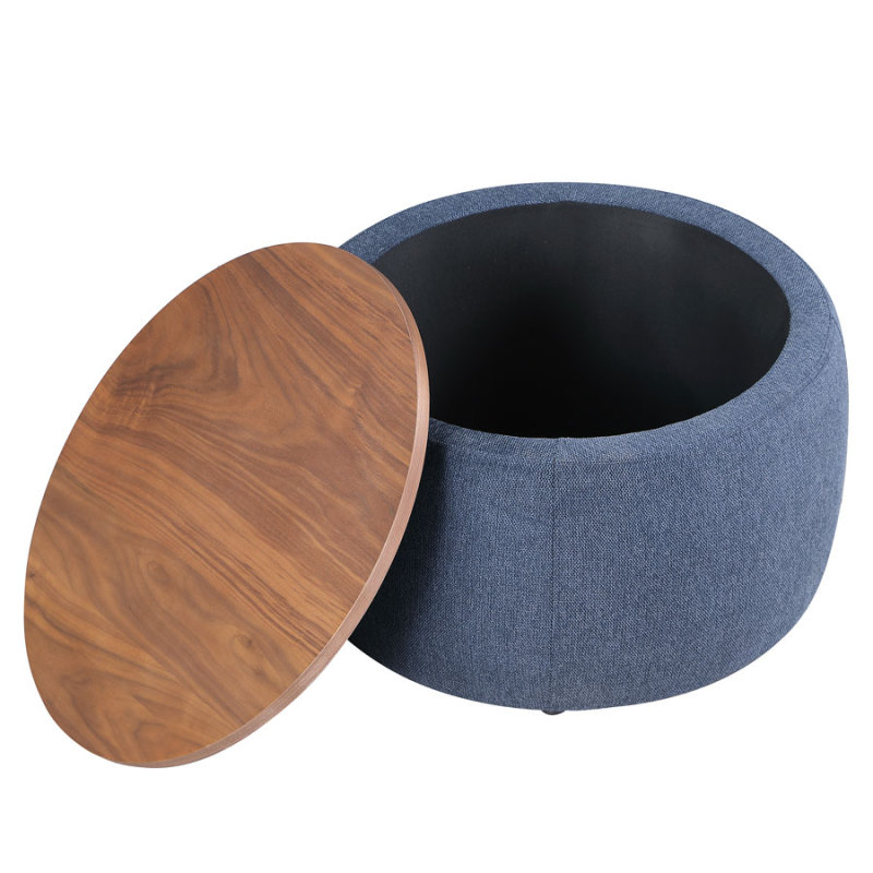 Round Storage Ottoman Coffee Table Footstool with Wood Cover for Living Room