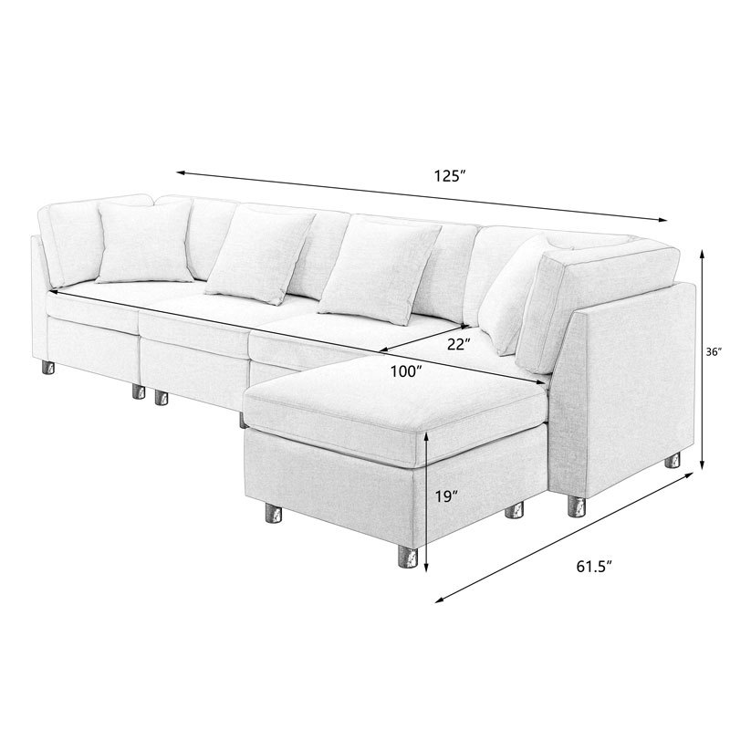 L-Shaped Sectional Sofa Modular Sofa Couch with Ottoman, Modern Beige Linen 4 Seater Sectional Convertible U Shaped Sofa for Living Room, Apartment, Easy Assembly