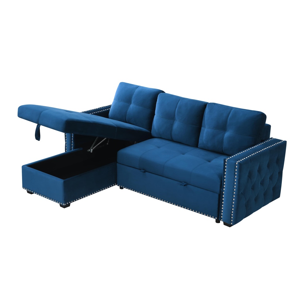 Velvet Reversible Sleeper Sectional Sofa with Storage in Blue