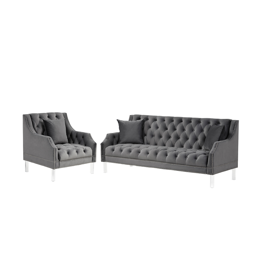 Living Room Couches Slope Arm  Loveseat and Sofa Set Velvet Gray