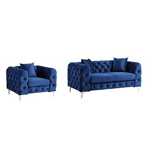 Contemporary Sofa with Deep Button Tufting Dutch Velvet - Navy Blue