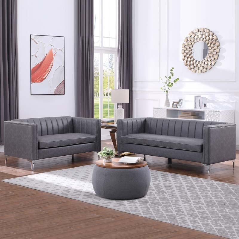 Living Room 3 Pieces Sofa Set Leather Sofa Set Channel Backrest Simplicism