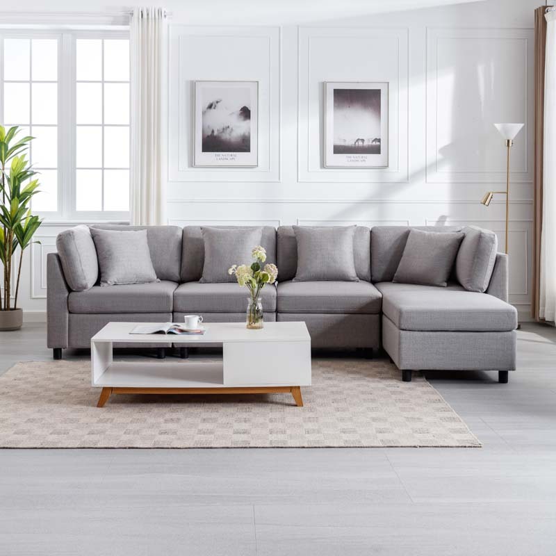 L-Shaped Sectional Sofa Modular Sofa Couch with Ottoman, Modern Beige Linen 4 Seater Sectional Convertible U Shaped Sofa for Living Room, Apartment, Easy Assembly