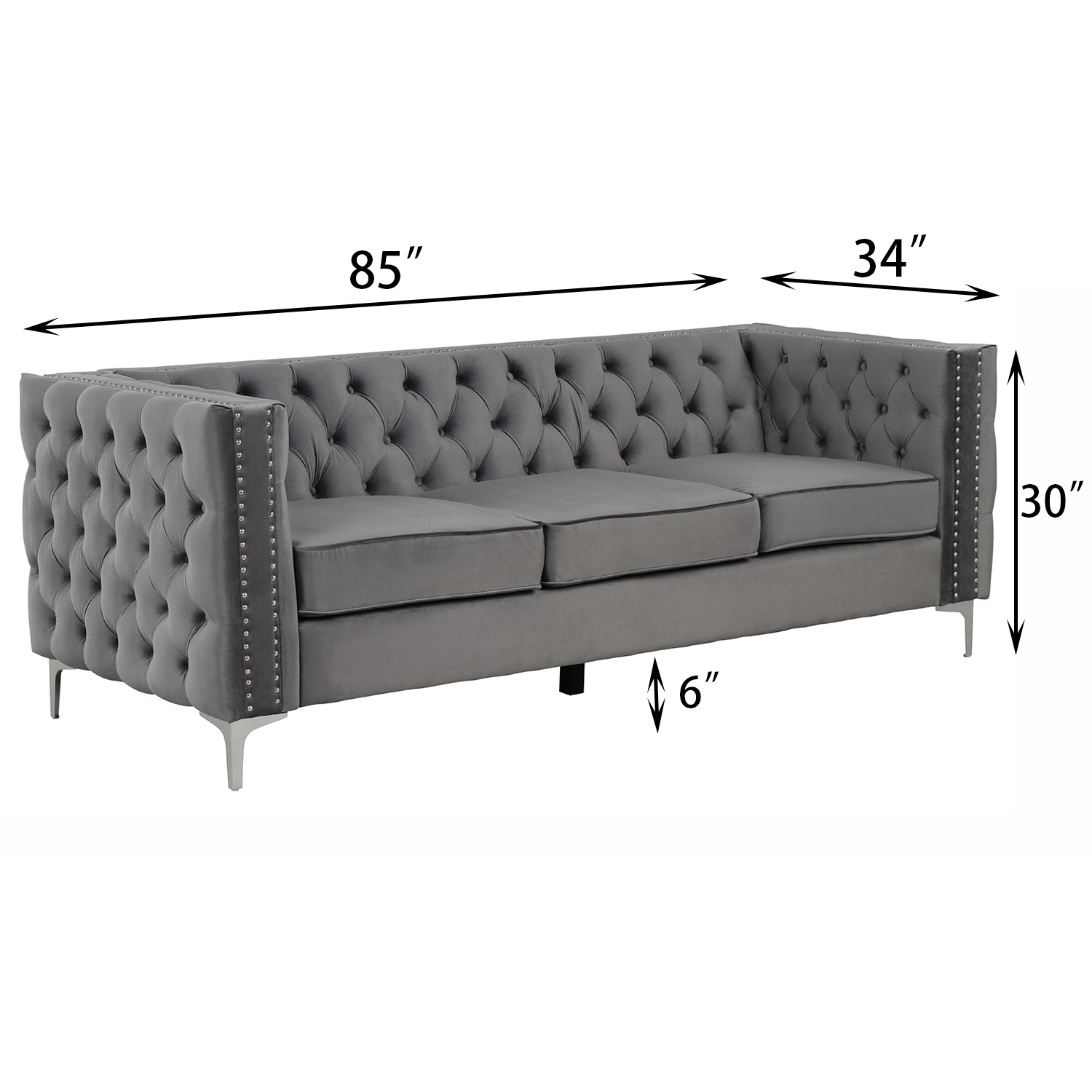 Couches for Living Room 3 Pieces Velvet  - Grey
