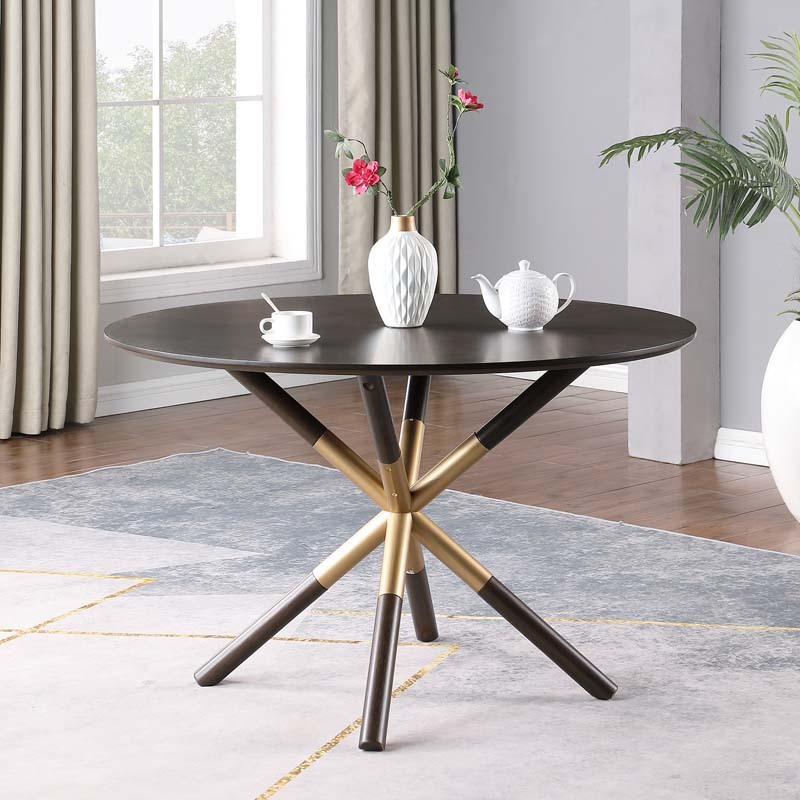 47in.W Round Dining Table Set with Cross Legs, Walnut Wood Top Modern Chair Minimalist Style Hollow Design with Metal Frame