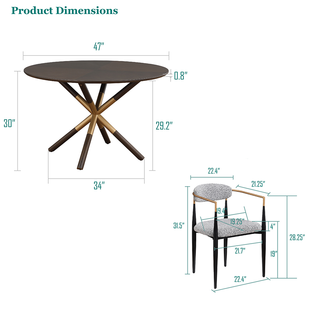 47in.W Round Dining Table Set with Cross Legs, Walnut Wood Top Modern Chair Minimalist Style Hollow Design with Metal Frame