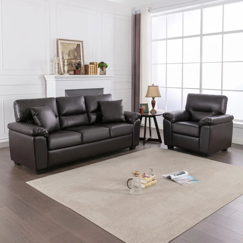 Sofa Collection 2 Pieces  Flared Arm PU Leather Mid-Century Modern Upholstered Sofa in Chocolate Brown