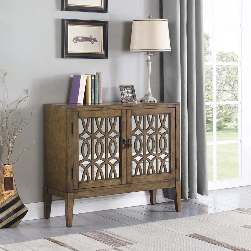 Sideboard Buffets Kitchen Storage Cabinet with Framed Mirror Doors, 3 Door Adjustable Shelves Accent Display Storage Distressed Console Cabinet for Entryway Living Room (Brown)