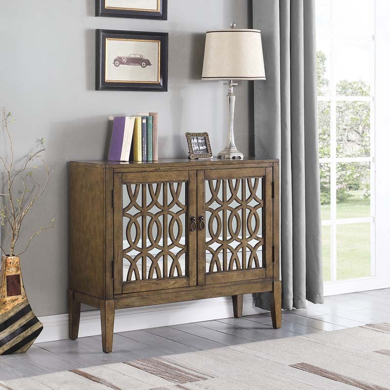 Sideboard Buffets Kitchen Storage Cabinet with Framed Mirror Doors, 3 Door Adjustable Shelves Accent Display Storage Distressed Console Cabinet for Entryway Living Room (Brown)