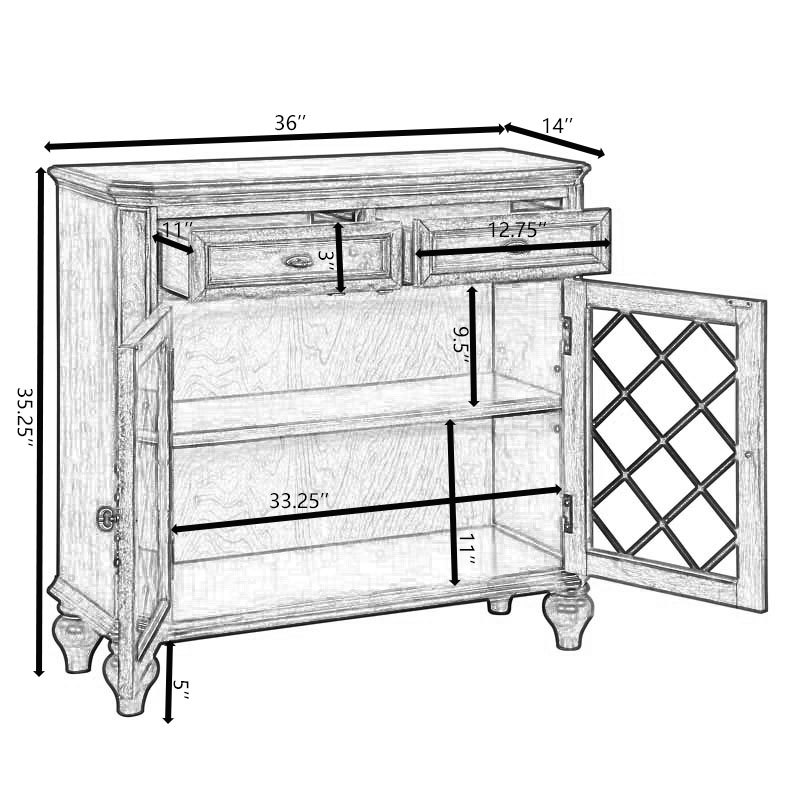 Retro Buffet Cabinet Sideboard with Storage, 2 Drawers, 2 Doors and Adjustable Shelves with Iron Framed Glass Doors Accent Table Display Storage Distressed Console Cabinet (Grey)