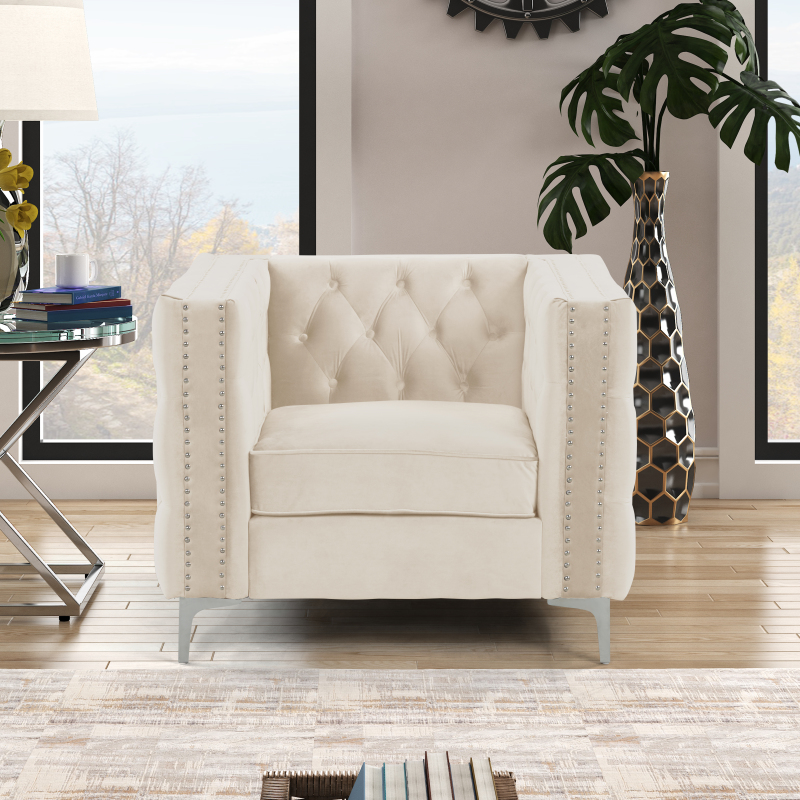 Modern Accent Chair with Deep Dutch Velvet - Beige